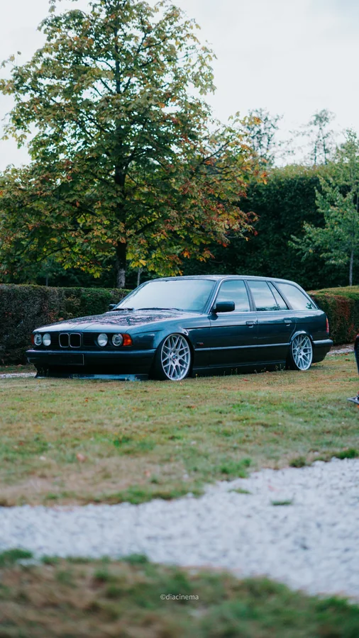 Tiefergelegter dunkelblauer BMW Touring auf einer Wiese