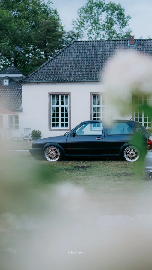 Schwarzer VW Golf im Seitenprofil durch unscharfe Pflanzen fotografiert